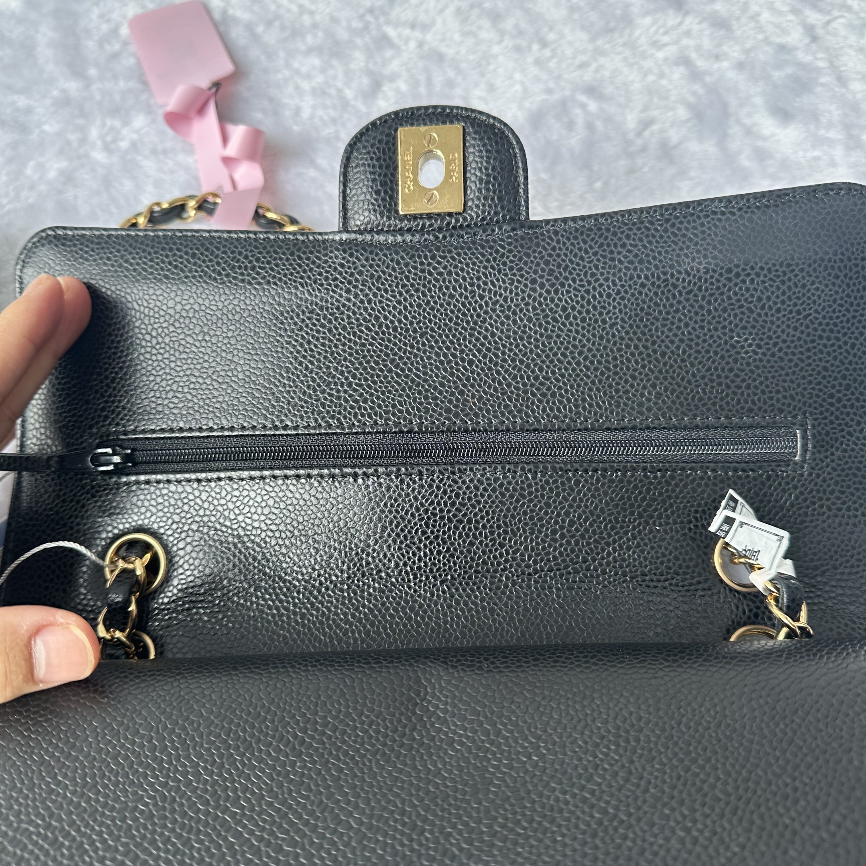 【#780】Pre-owned Chanel Classic Flap Double Flap Caviar Calfskin Black Gold Shoulder Full Set Bag BJ1102105040