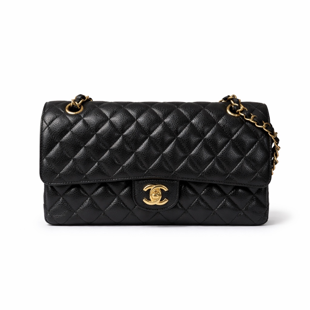 【#780】Pre-owned Chanel Classic Flap Double Flap Caviar Calfskin Black Gold Shoulder Full Set Bag BJ1102105040