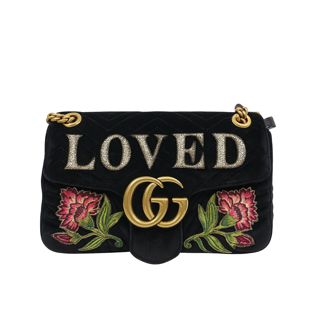 【#463】Pre-owned GUCCl Marmont 31 GG Logo Flowers and Loved letter embroidery Velvet Shoulder Bags BJ1101504040
