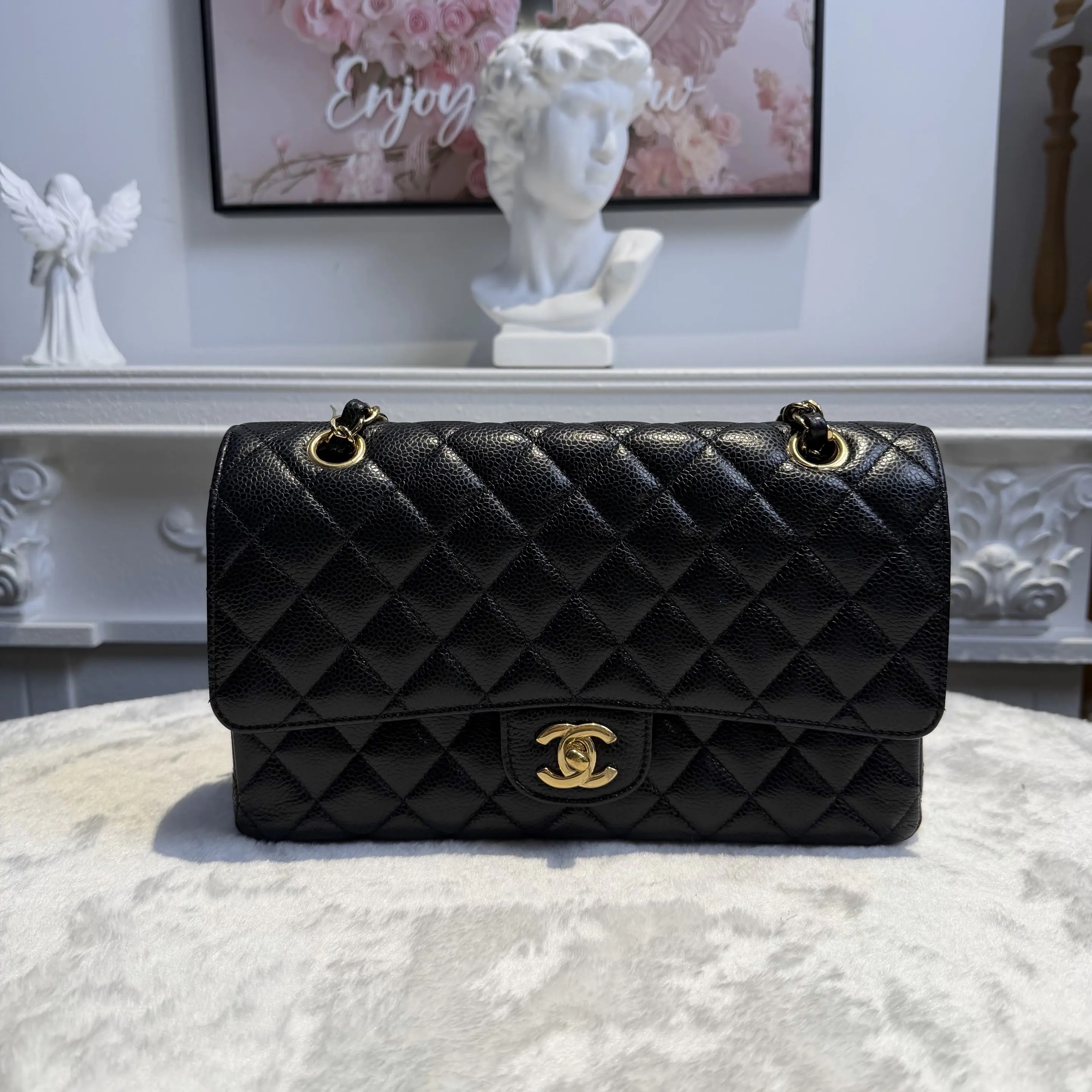 【#780】Pre-owned Chanel Classic Flap Double Flap Caviar Calfskin Black Gold Shoulder Full Set Bag BJ1102105040