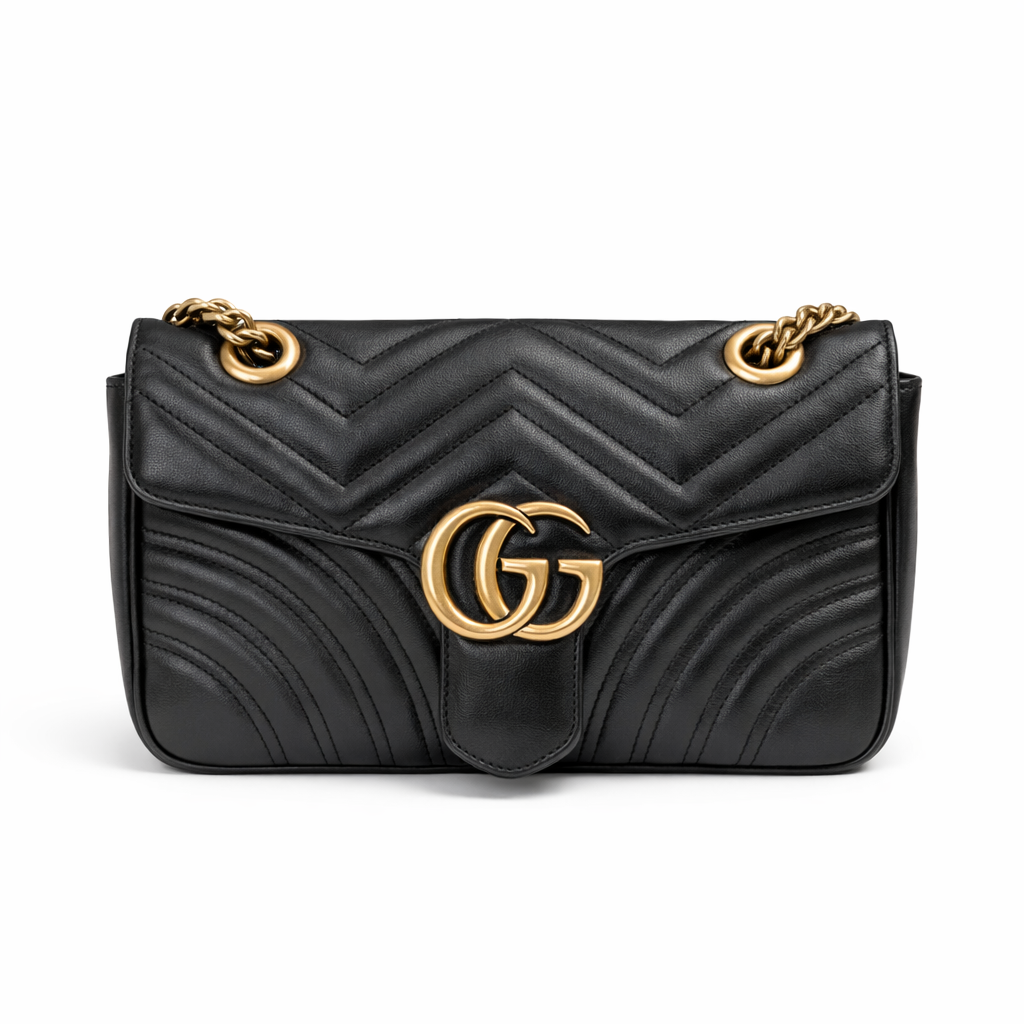 【#609】Pre-owned Gucci Marmont Black Calfskin Medium 26 Crossbody bag BJ1101704060