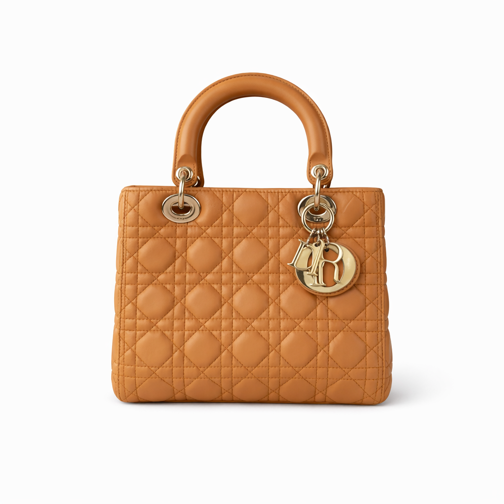 【#750】Pre-owend Dior Lady Dior Medium Yellow Lambskin Shoulder Bag BJ11012040135