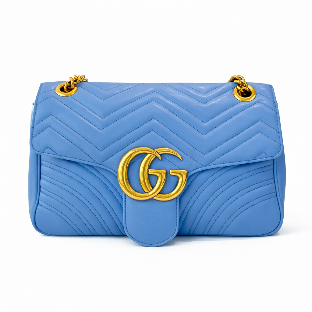 【#726】Pre-owned Gucci Marmont 30 Blue Calfskin Shoulder Bag BJ1101504045