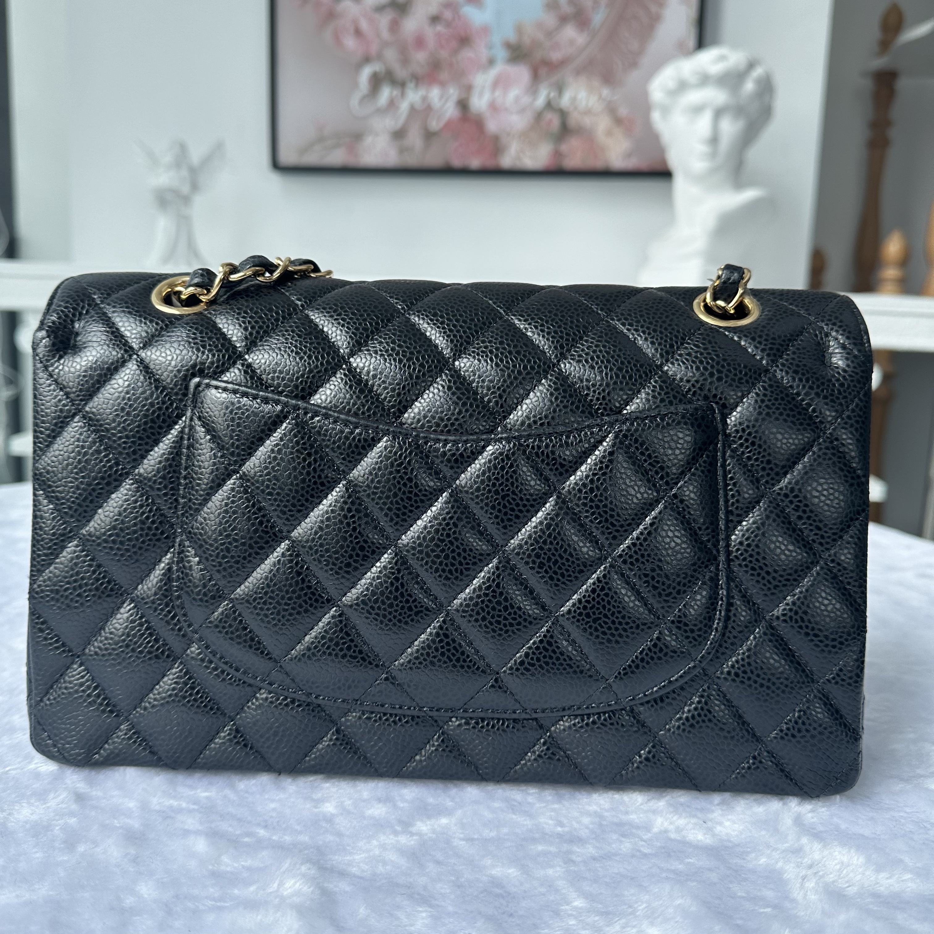 【#780】Pre-owned Chanel Classic Flap Double Flap Caviar Calfskin Black Gold Shoulder Full Set Bag BJ1102105040