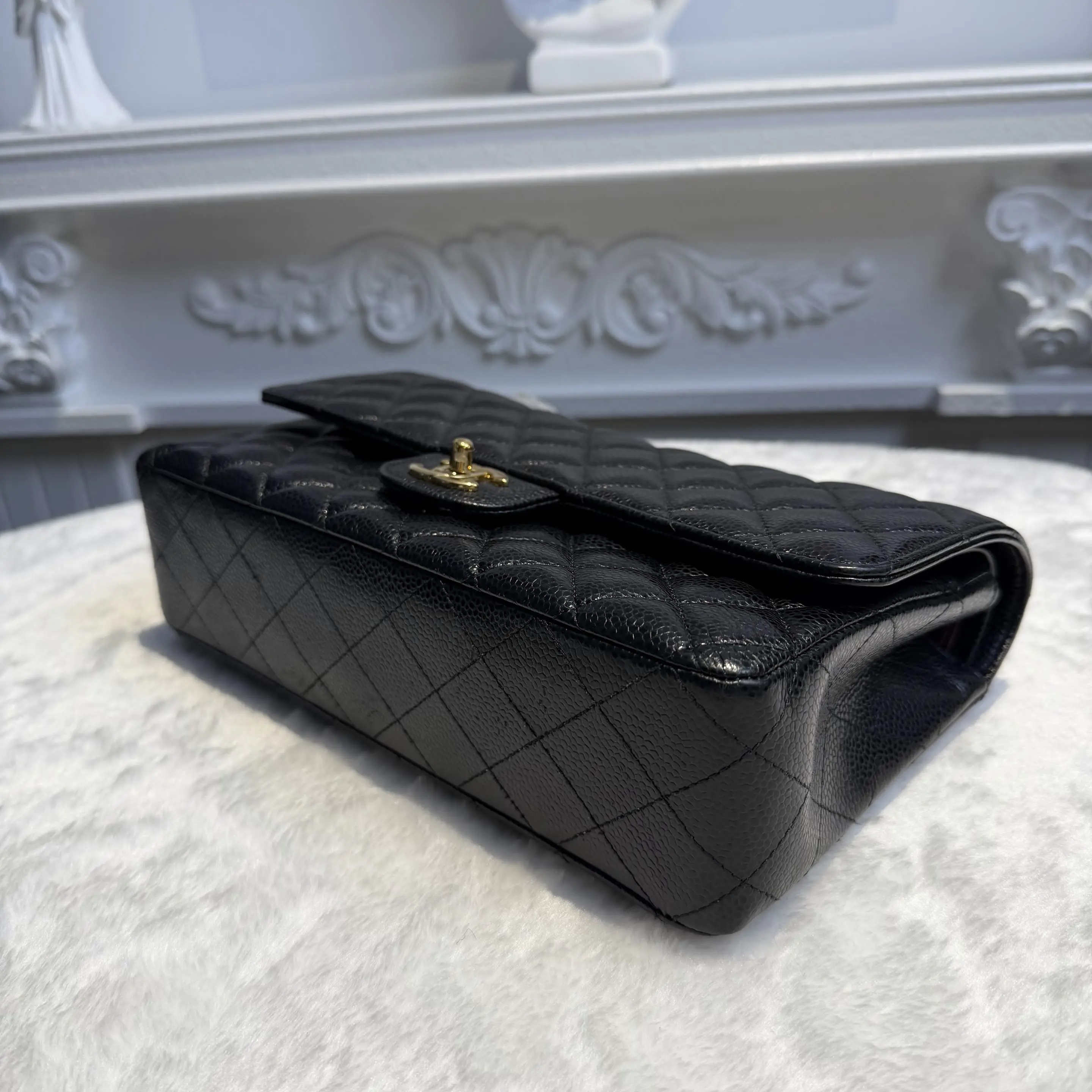 【#780】Pre-owned Chanel Classic Flap Double Flap Caviar Calfskin Black Gold Shoulder Full Set Bag BJ1102105040