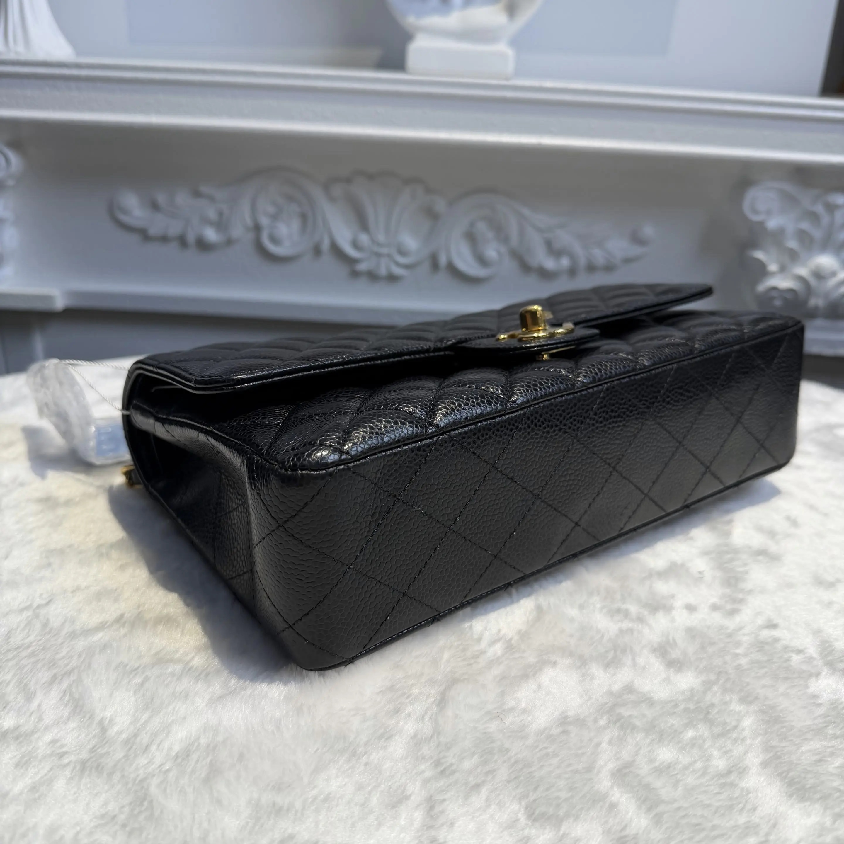 【#780】Pre-owned Chanel Classic Flap Double Flap Caviar Calfskin Black Gold Shoulder Full Set Bag BJ1102105040