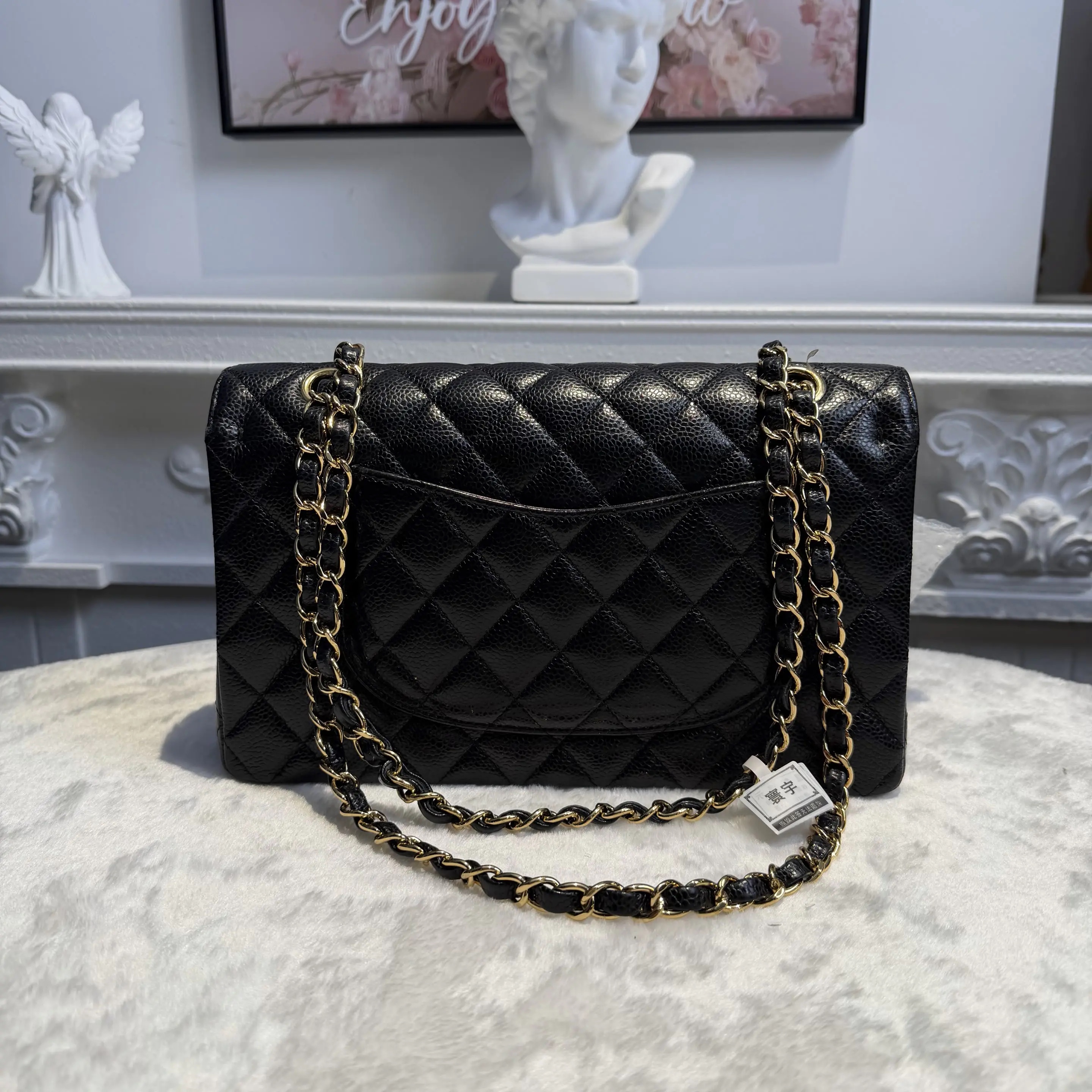 【#780】Pre-owned Chanel Classic Flap Double Flap Caviar Calfskin Black Gold Shoulder Full Set Bag BJ1102105040