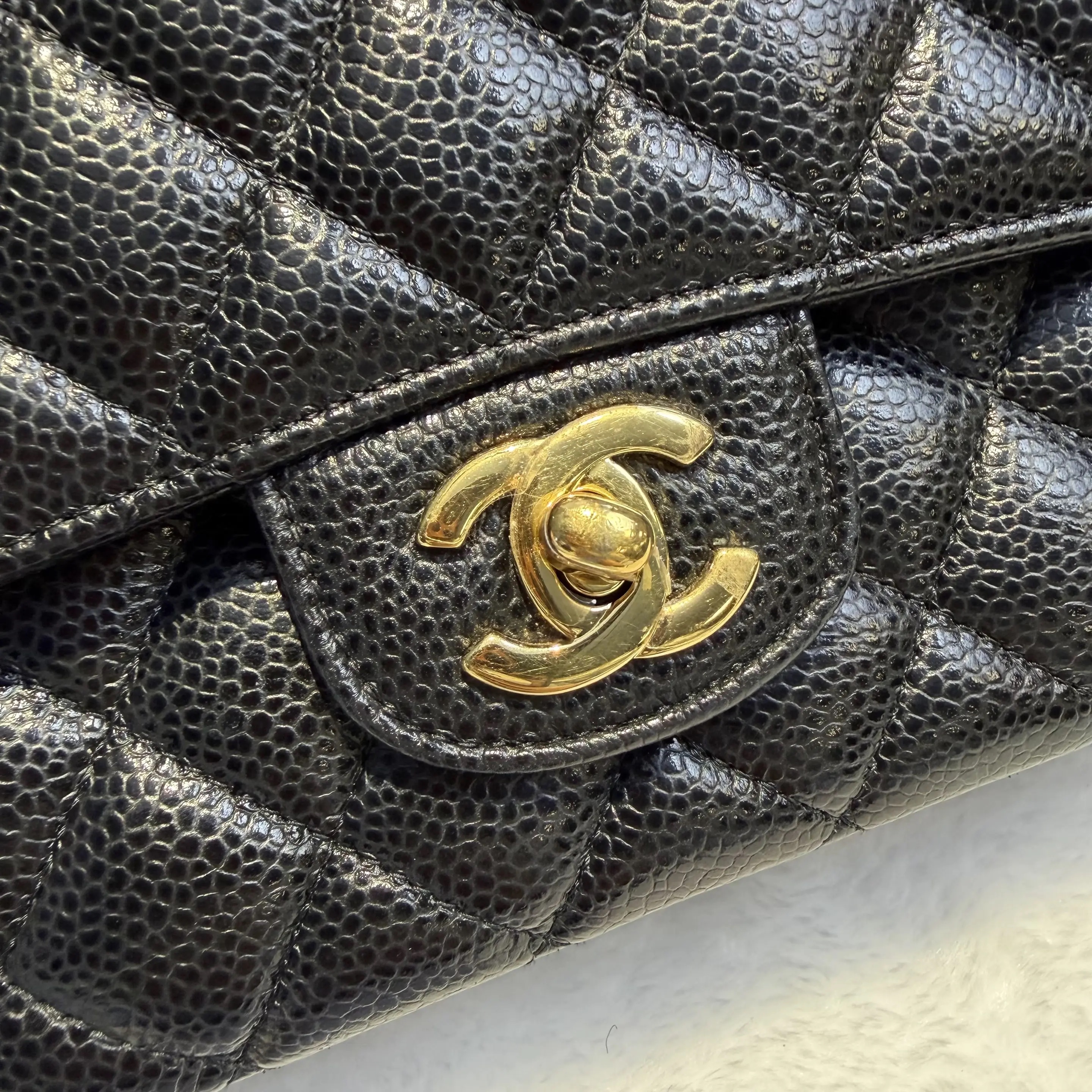 【#780】Pre-owned Chanel Classic Flap Double Flap Caviar Calfskin Black Gold Shoulder Full Set Bag BJ1102105040