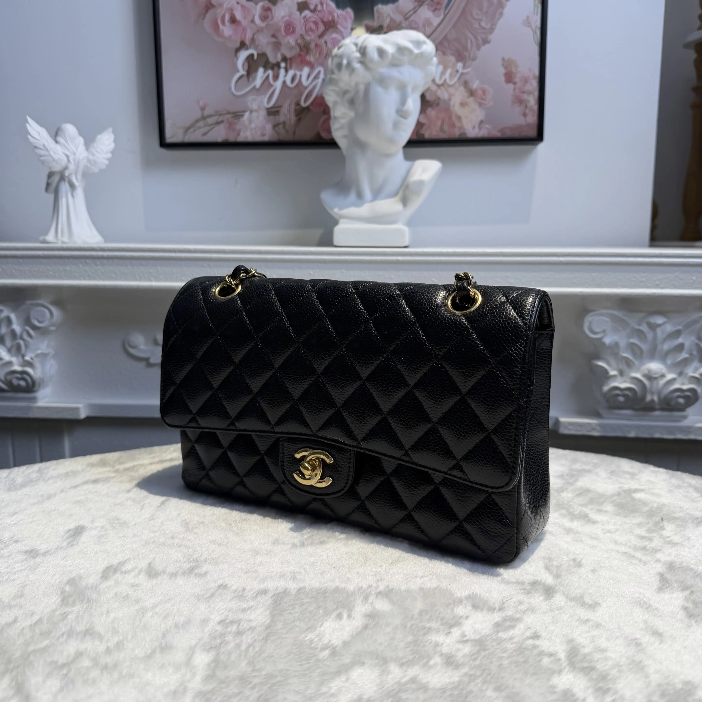 【#780】Pre-owned Chanel Classic Flap Double Flap Caviar Calfskin Black Gold Shoulder Full Set Bag BJ1102105040