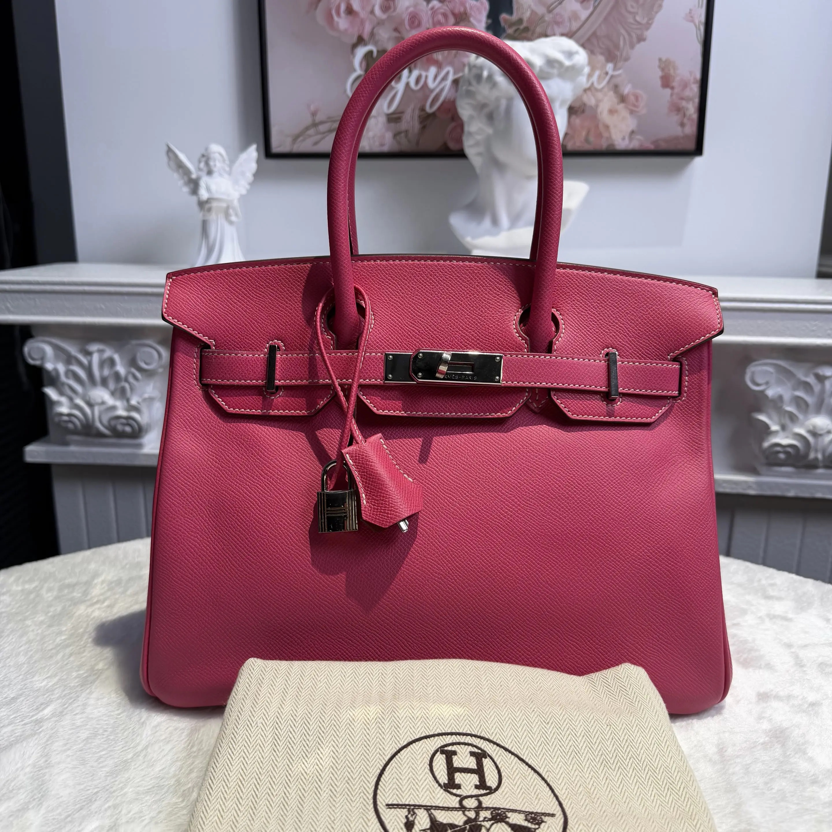 [#633]Pre owned Hermes Birkin 30 Pink Epsom Stamp O Silver Hardware BJ1101105065