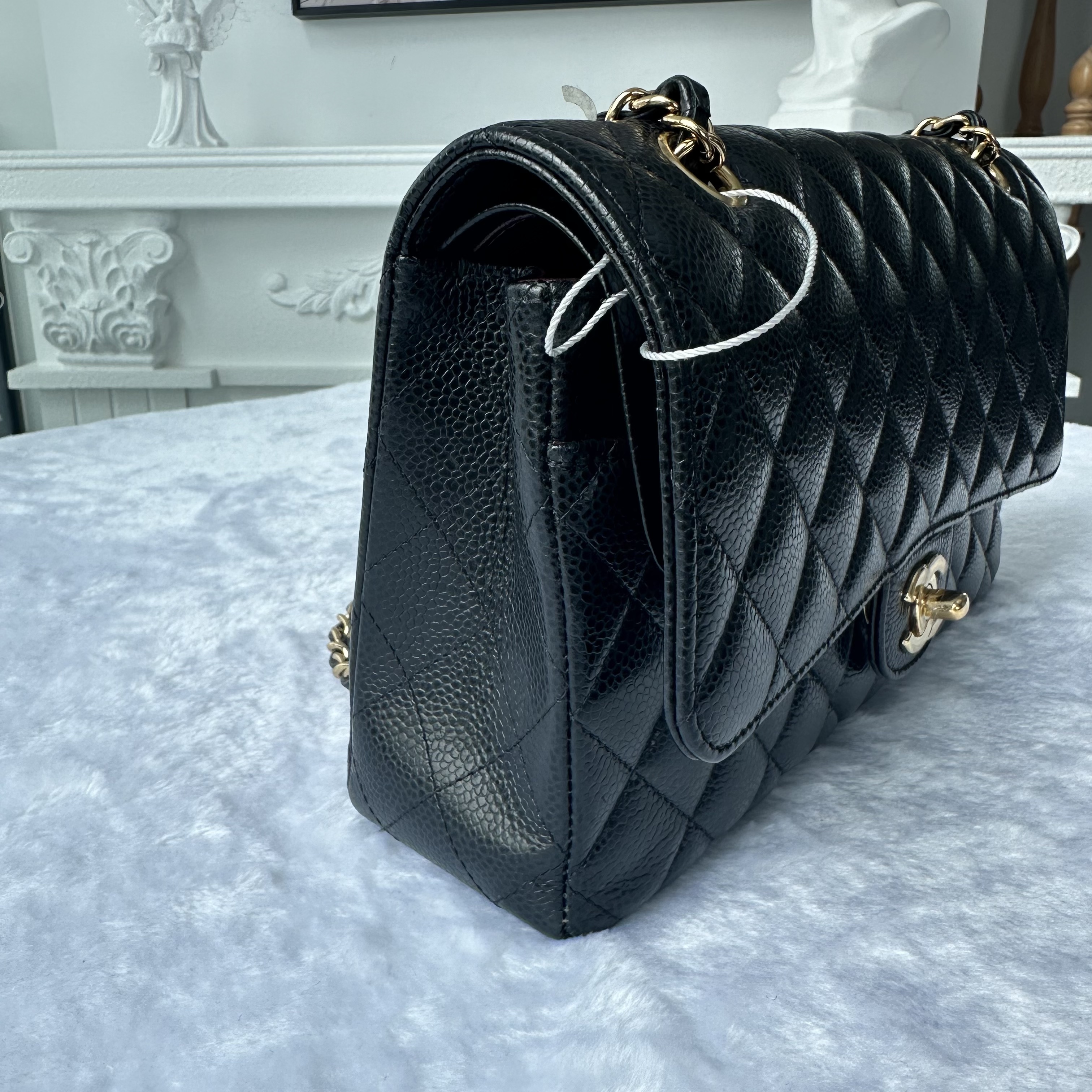 【#780】Pre-owned Chanel Classic Flap Double Flap Caviar Calfskin Black Gold Shoulder Full Set Bag BJ1102105040