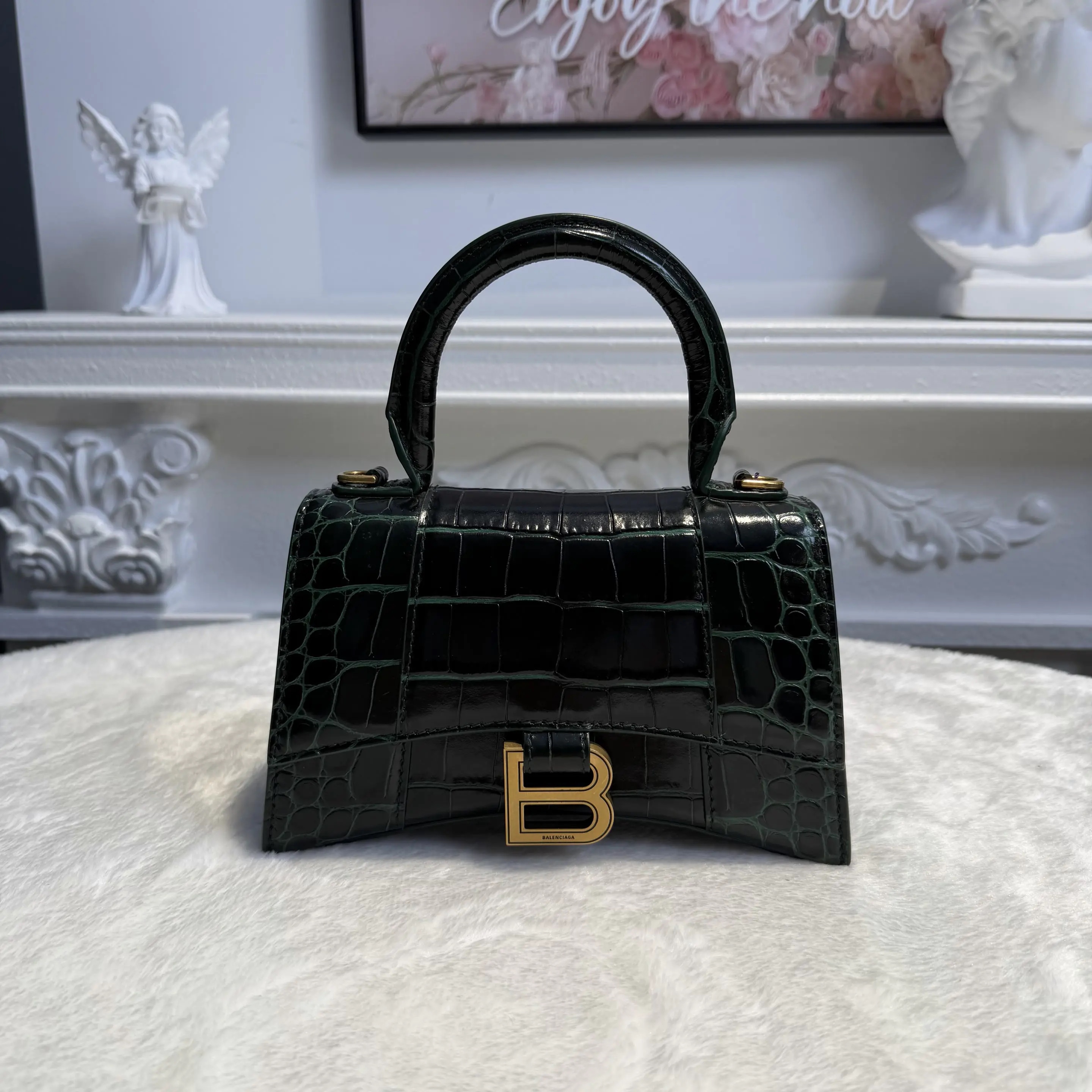 [#607]Pre owned Balenciaga Hourglass Green Calfskin XS Golden Hardware BJ110&04053