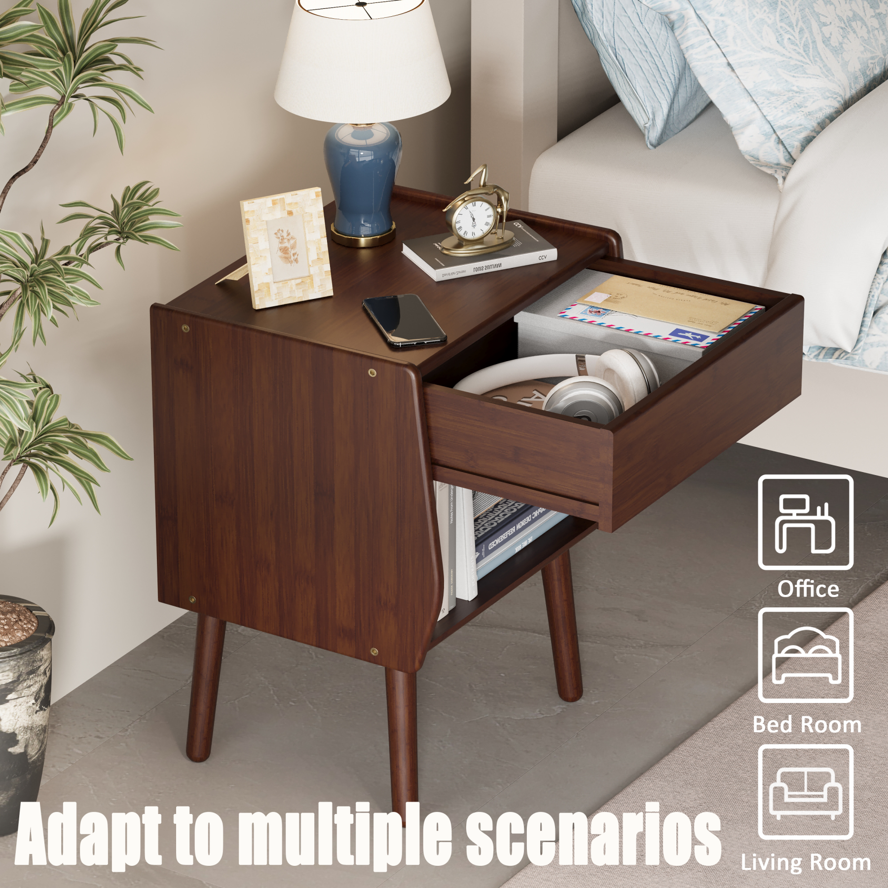 COMASACH Wooden Nightstand, Modern Bedside Table with Drawer and Open Storage