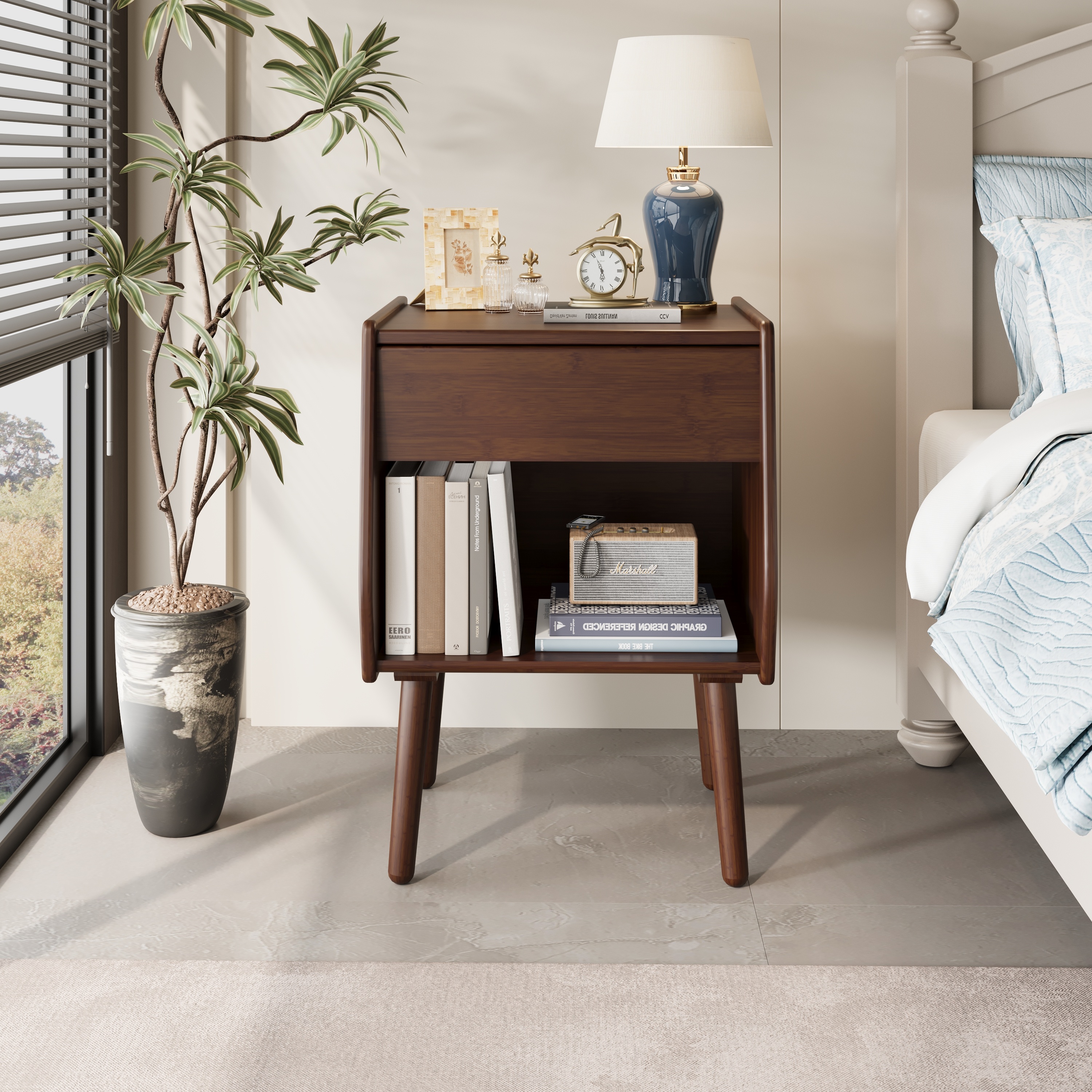 COMASACH Wooden Nightstand, Modern Bedside Table with Drawer and Open Storage