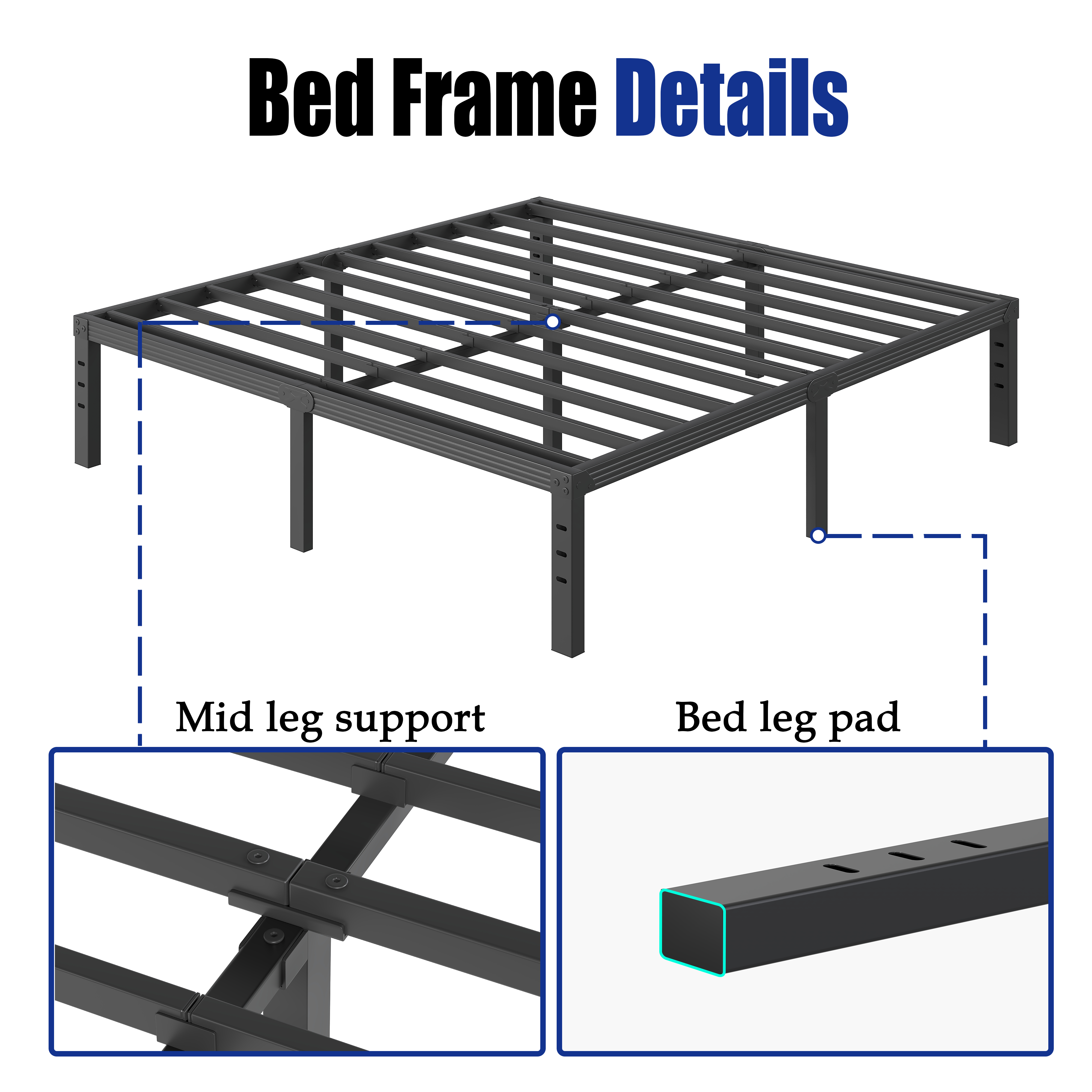 COMASACH 18 inch Bed Frame, Easy Assembly, Heavy Duty Metal Platform, Noise Free, Black