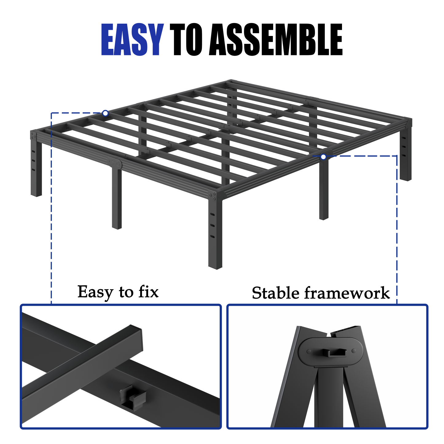 COMASACH 18 inch Bed Frame, Easy Assembly, Heavy Duty Metal Platform, Noise Free, Black