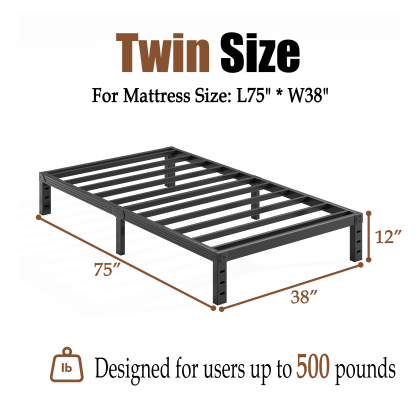 COMASACH 12 inch Twin Bed Frame, Easy Assembly, Heavy Duty Metal Platform, Noise Free, Black