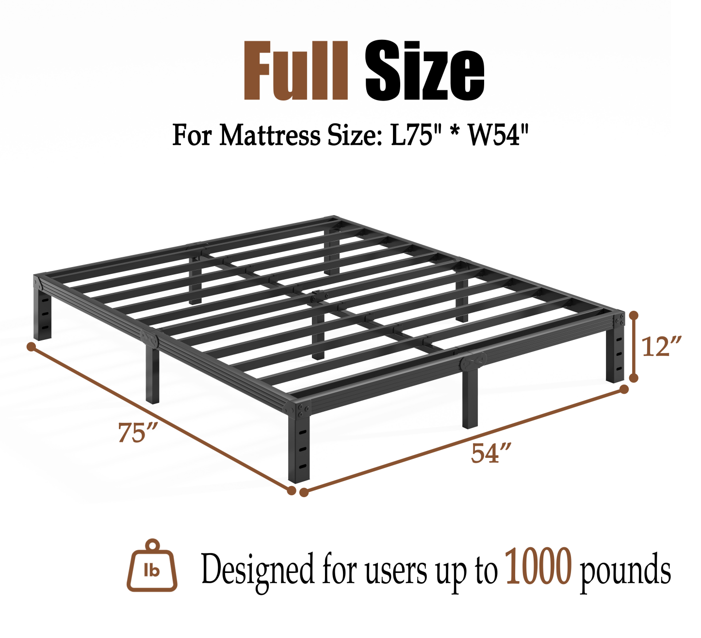 COMASACH 12 inch Full Bed Frame, Easy Assembly, Heavy Duty Metal Platform, Noise Free, Black