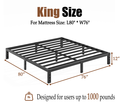 COMASACH 12 inch King Bed Frame, Easy Assembly, Heavy Duty Metal Platform, Noise Free, Black