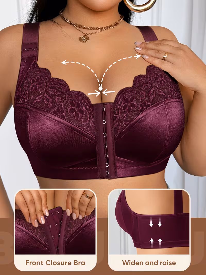 Biustonosz damski plus size, pełny, zakrywający biust, pełny, zapięcie na fiszbiny z przodu, regulowane wykończenie koronką, biustonosze pełnowymiarowe, dd eff fghijk, ciężki, można prać ręcznie Szczegóły produktu 0