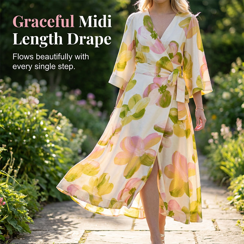 🔥Vruće ponude na rasprodaji - midi haljina s cvjetnim printom i V-izrezom