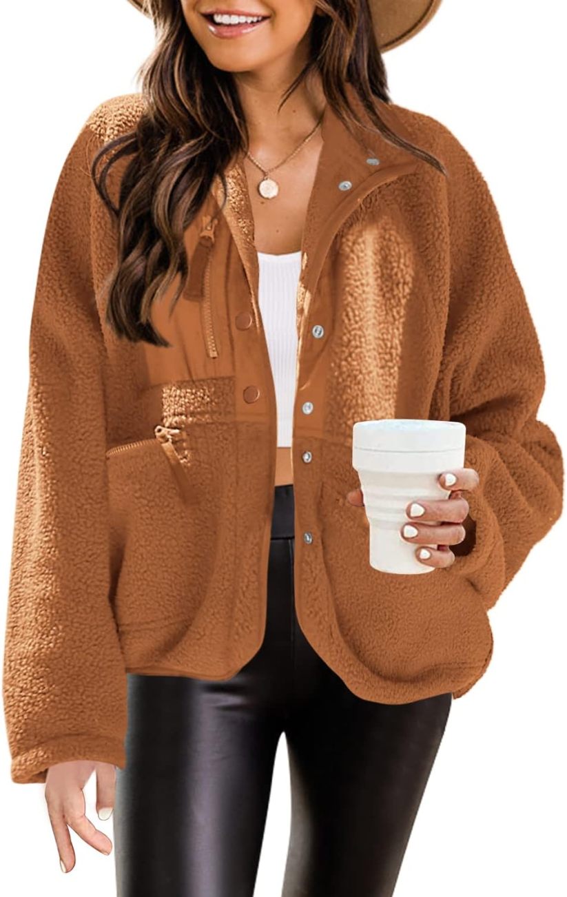 Womens Fuzzy Fleece Jacket Button Down Sherpa Coats Casual Winter Warm