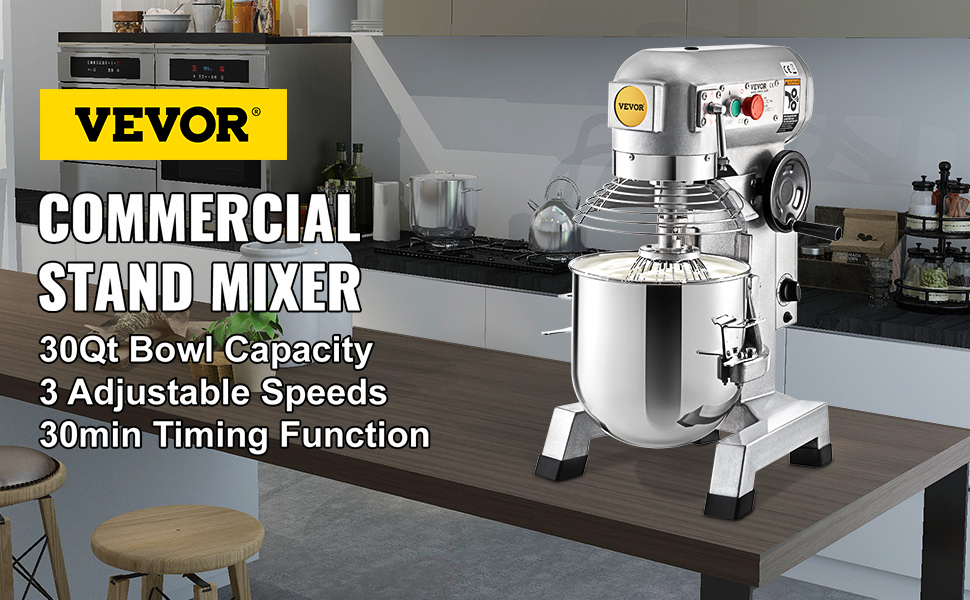 VEVOR Commercial Food Mixer, 30Qt Commercial Mixer with Timing Function, 1100W Stainless Steel Bowl Heavy Duty Electric Food Mixer Commercial with 3 Speeds Adjustable 108/199/382 RPM, Dough Hook Whisk Beater Included, Perfect for Bakery Pizzeria