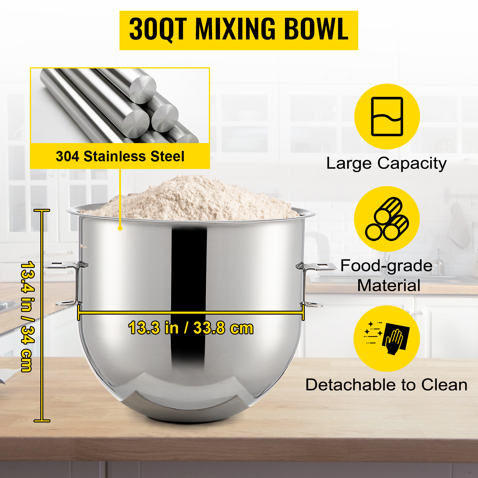 VEVOR Commercial Food Mixer, 30Qt Commercial Mixer with Timing Function, 1100W Stainless Steel Bowl Heavy Duty Electric Food Mixer Commercial with 3 Speeds Adjustable 108/199/382 RPM, Dough Hook Whisk Beater Included, Perfect for Bakery Pizzeria