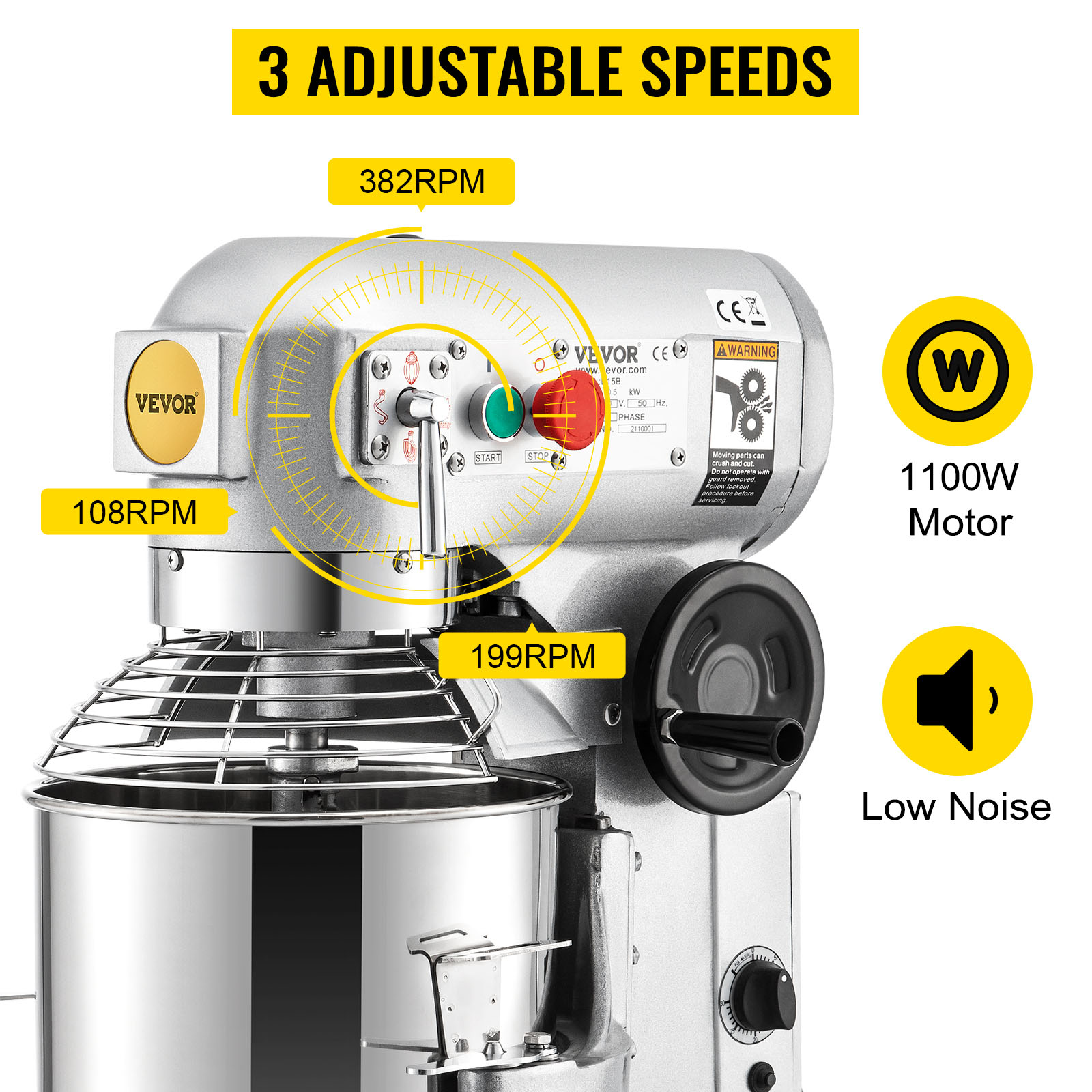 VEVOR Commercial Food Mixer, 30Qt Commercial Mixer with Timing Function, 1100W Stainless Steel Bowl Heavy Duty Electric Food Mixer Commercial with 3 Speeds Adjustable 108/199/382 RPM, Dough Hook Whisk Beater Included, Perfect for Bakery Pizzeria