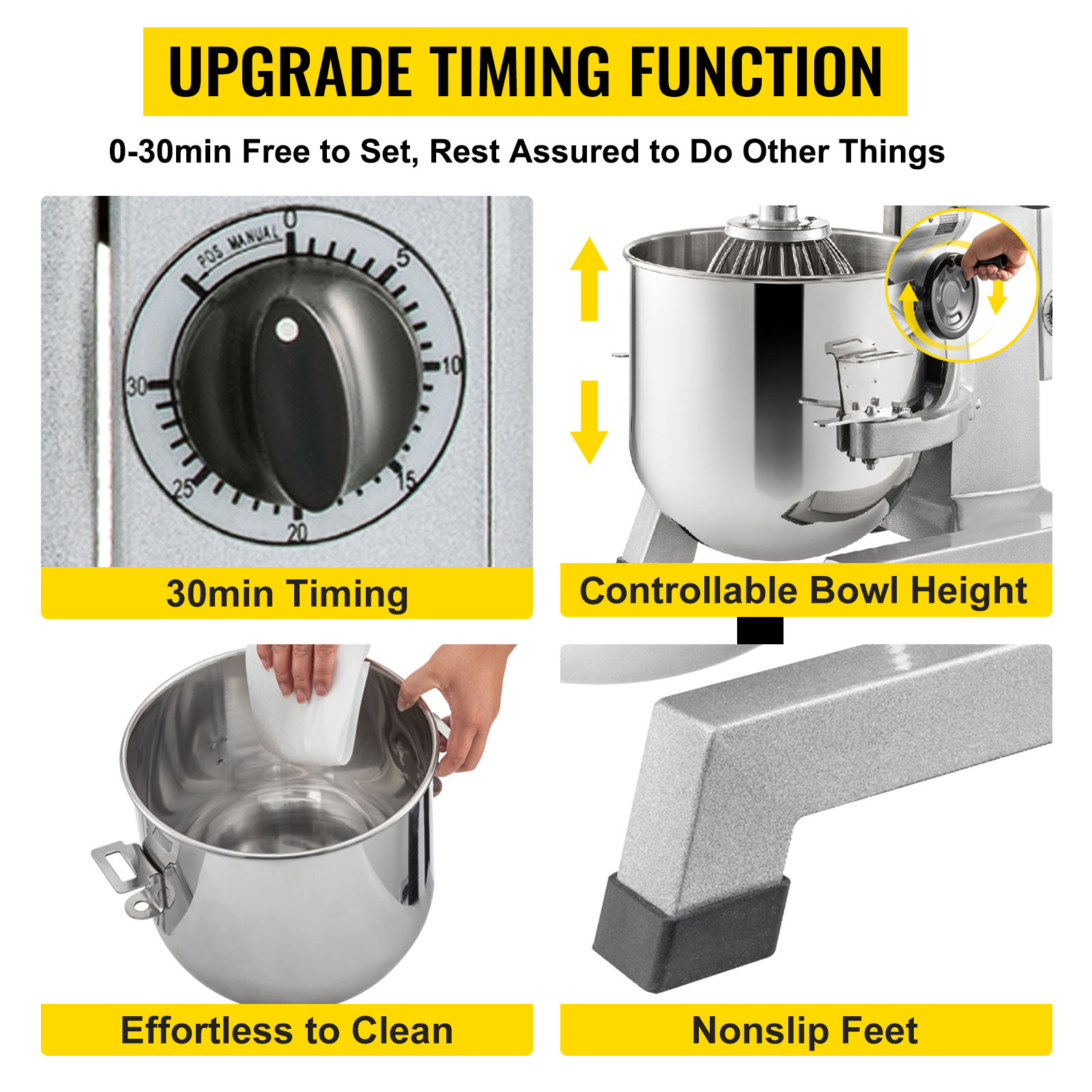 VEVOR Commercial Food Mixer, 30Qt Commercial Mixer with Timing Function, 1100W Stainless Steel Bowl Heavy Duty Electric Food Mixer Commercial with 3 Speeds Adjustable 108/199/382 RPM, Dough Hook Whisk Beater Included, Perfect for Bakery Pizzeria