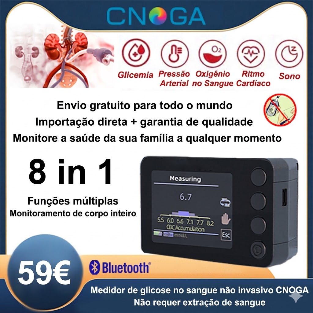 💖Medidor de Glicose no Sangue Multifuncional Não Invasivo CNOGA: Sem necessidade de colheita de sangue! Diga adeus aos riscos de infeção! 🎀🎀