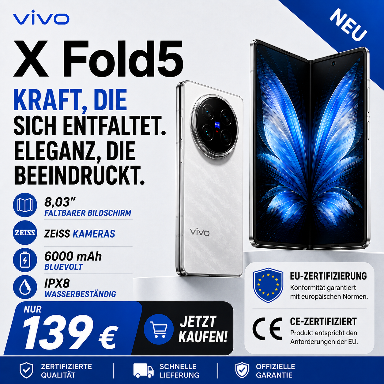 💕Das faltbare Smartphone vivo X Fold 5 wird vom Snapdragon 8gen3 Prozessor angetrieben, unterstützt Super NFC und verfügt über eine 200-Megapixel-Dreifachkamera von Zeiss.
