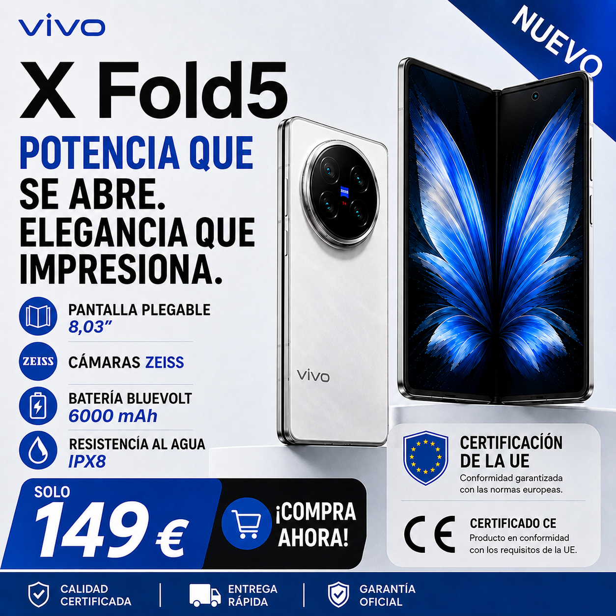 💥El smartphone plegable vivo X Fold 5 funciona con el procesador Snapdragon 8gen3, es compatible con Super NFC y cuenta con una cámara triple de 200 megapíxeles de Zeiss.