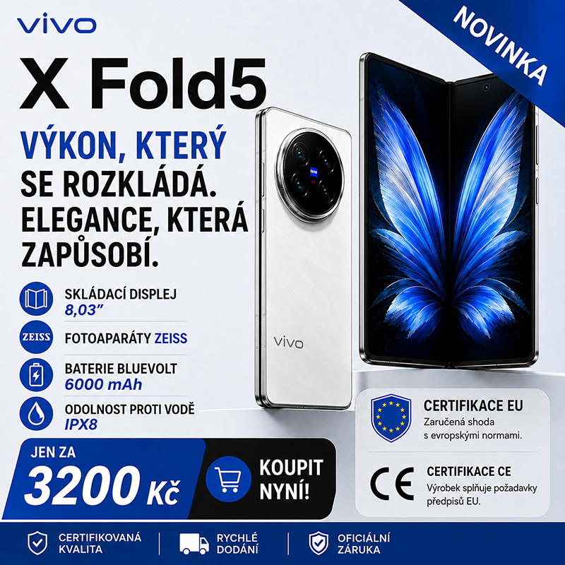 💥Skládací smartphone vivo X Fold 5 je poháněn procesorem Snapdragon 8gen3, podporuje Super NFC a je vybaven 200megapixelovým trojitým fotoaparátem Zeiss.