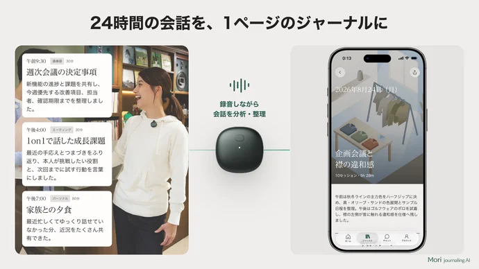 💪Mori Journaling AI：装着するだけで会話を自動的に整理してくれるウェアラブル音声AI。