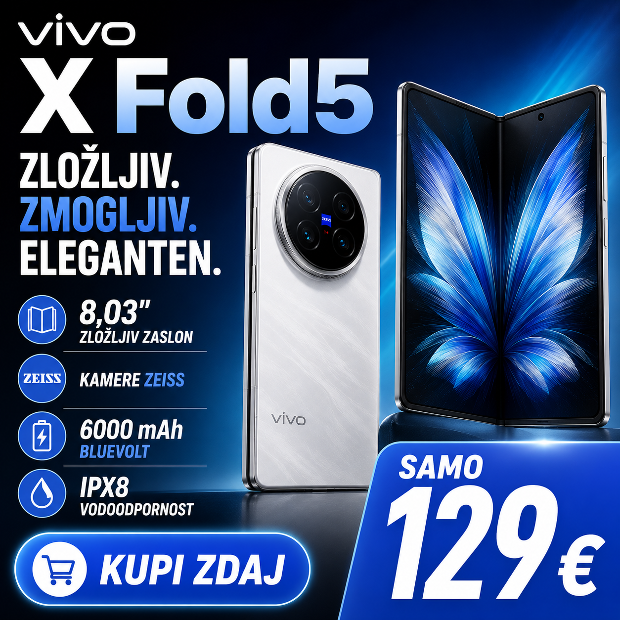 💕Zložljivi telefon vivo X Fold 5 poganja procesor Snapdragon 8gen3, podpira Super NFC in ima trojno kamero Zeiss z 200 milijoni slikovnih pik.