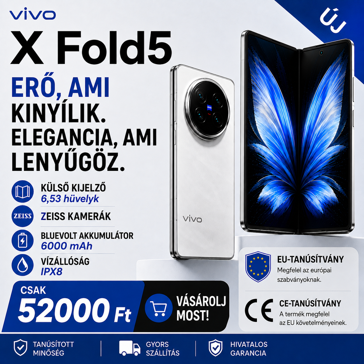💥A vivo X Fold 5 összecsukható okostelefont a Snapdragon 8gen3 processzor hajtja, támogatja a Super NFC-t, és egy 200 megapixeles Zeiss tripla kamerával rendelkezik.