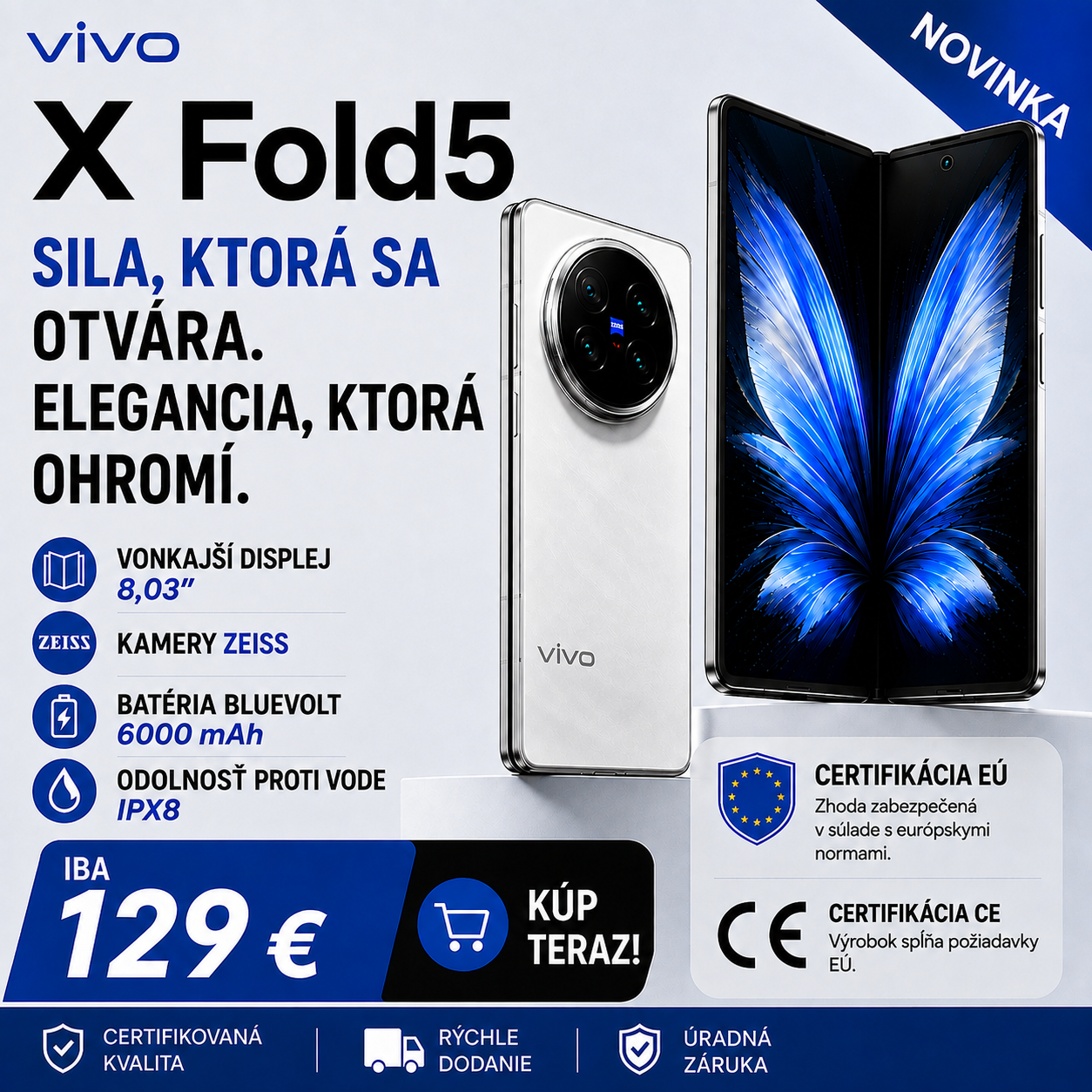 💥Skladací smartfón vivo X Fold 5 je poháňaný procesorom Snapdragon 8gen3, podporuje Super NFC a je vybavený 200-megapixelovým trojitým fotoaparátom Zeiss.