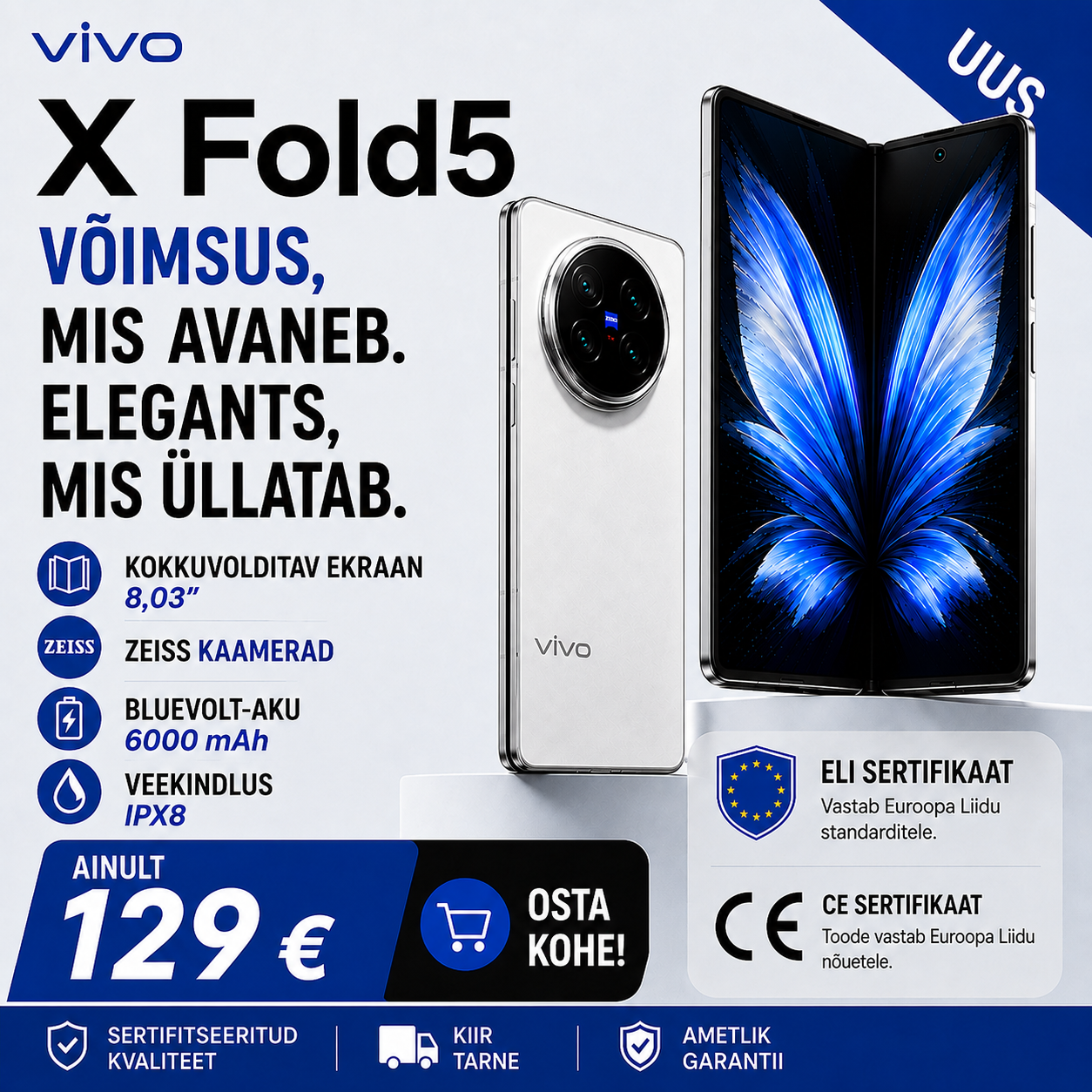 💥Vivo X Fold 5 kokkupandav nutitelefon töötab Snapdragon 8gen3 protsessoriga, toetab Super NFC-d ja on varustatud 200-megapikslise Zeissi kolmekordse kaameraga.