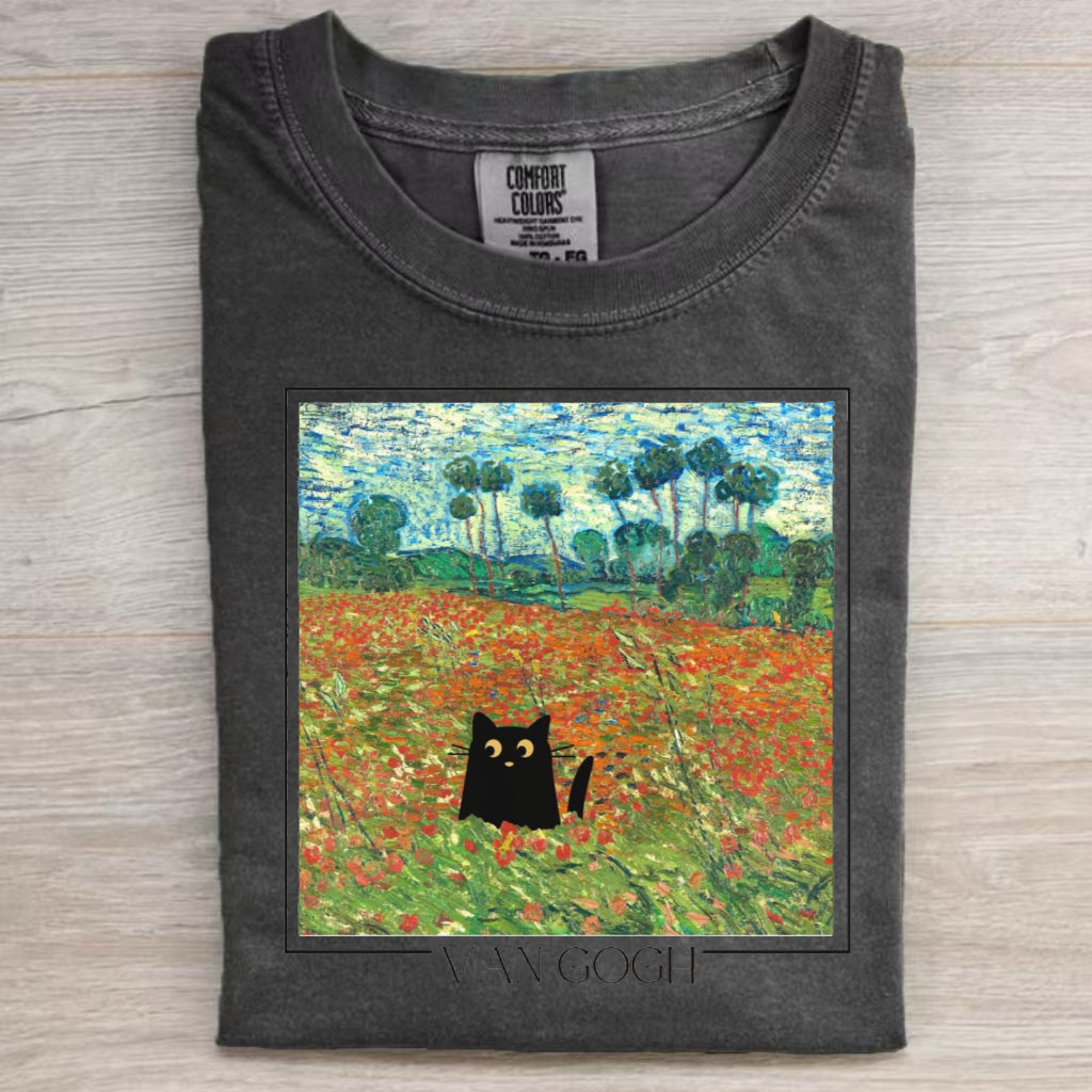 Van Gogh's Poppy Field Art with Black Cat T-shirt