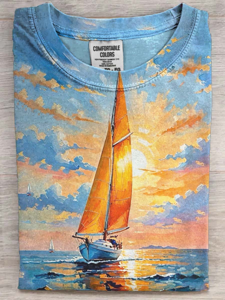 Sunset Sailboat View Printed Casual Short Sleeve T-Shirt