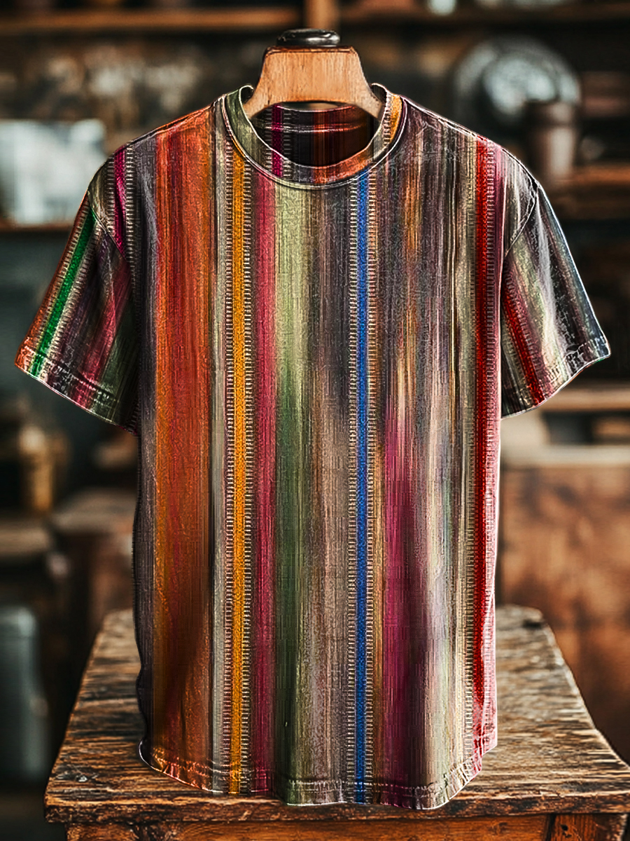 Unisex Retro Multicolor Striped Printed Casual Loose Short Sleeve T-Shirt