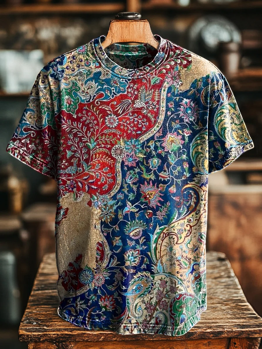 Unisex Retro Floral Splicing Printed Casual Loose Short Sleeve T-Shirt