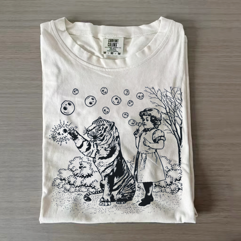 Girl and Tiger Blowing Skull Bubbles T-shirt