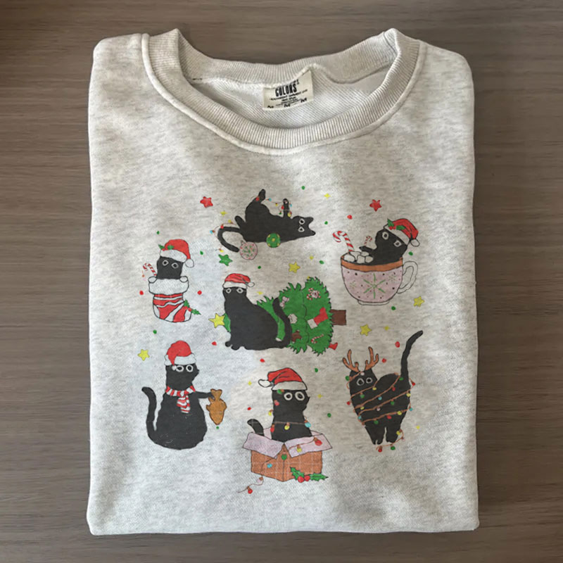 Retro trend Christmas cute Christmas cat lover casual print sweater/T-shirt