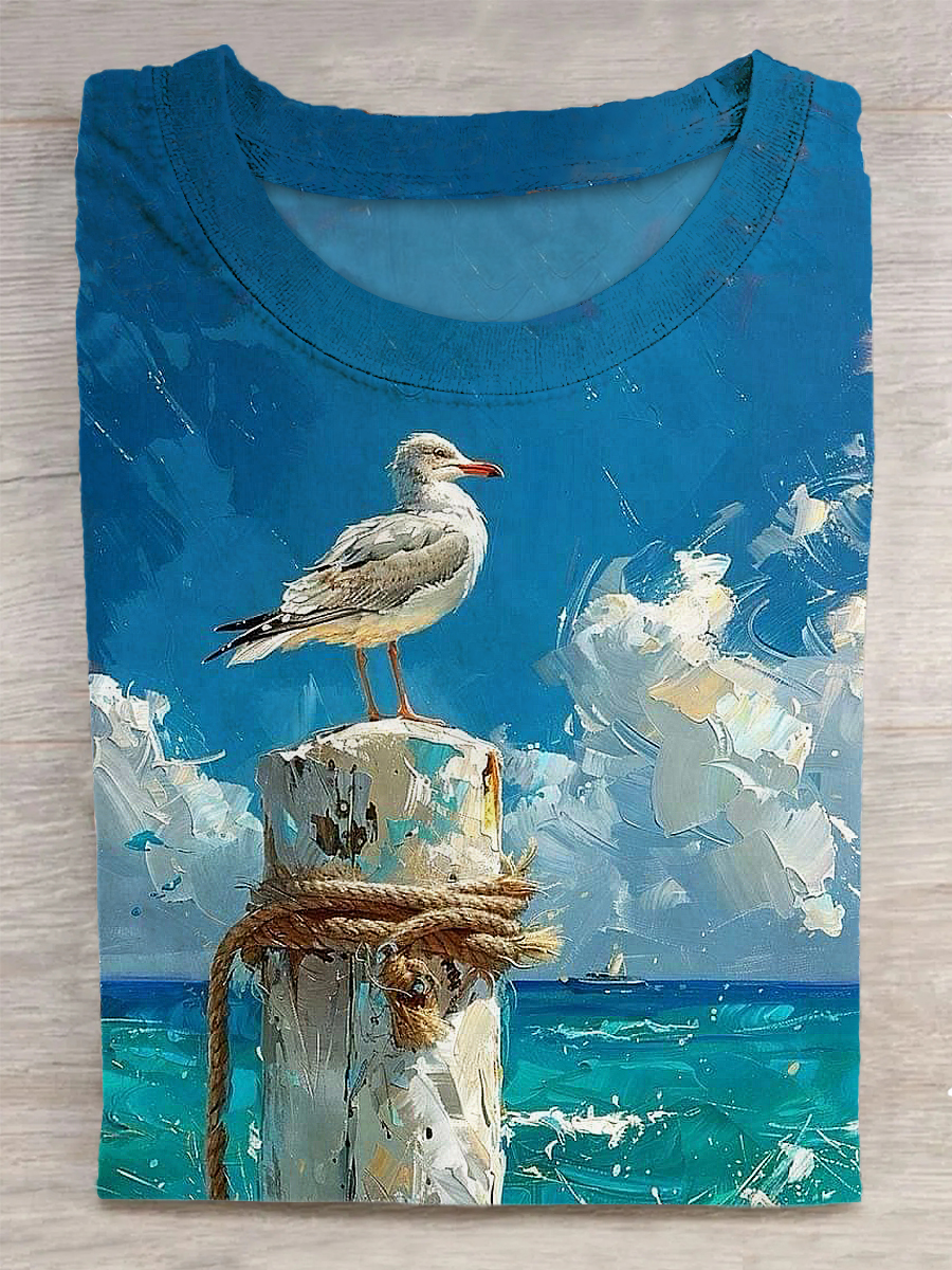Seagull Printed Vintage Fashion Loose Short Sleeve T-Shirt
