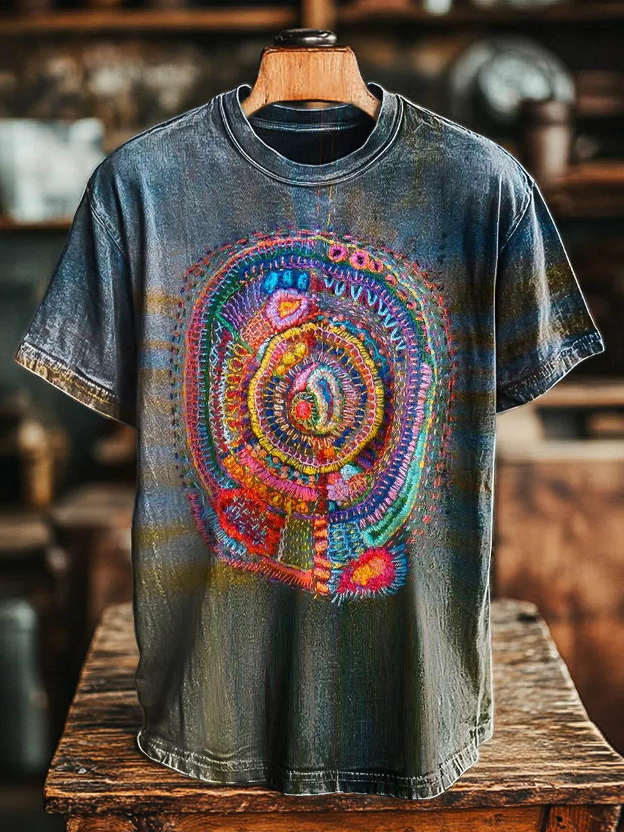 Unisex Vintage Line Embroidery Printed Casual Loose Short Sleeve T-Shirt