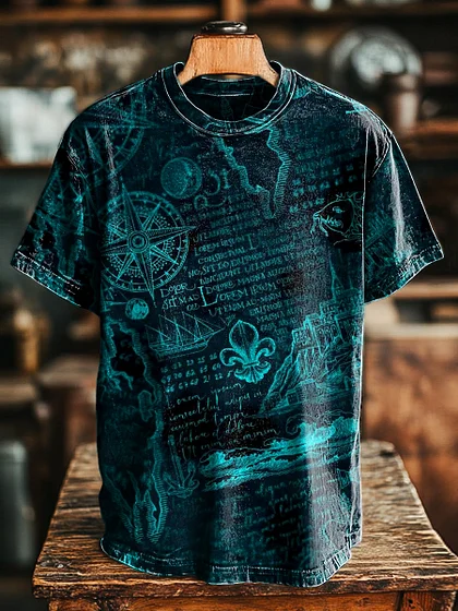 Unisex Retro Compass Print Casual Loose Short Sleeve T-Shirt