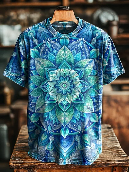 Unisex Vintage Blue Mandala Print Casual Loose Short Sleeve T-Shirt
