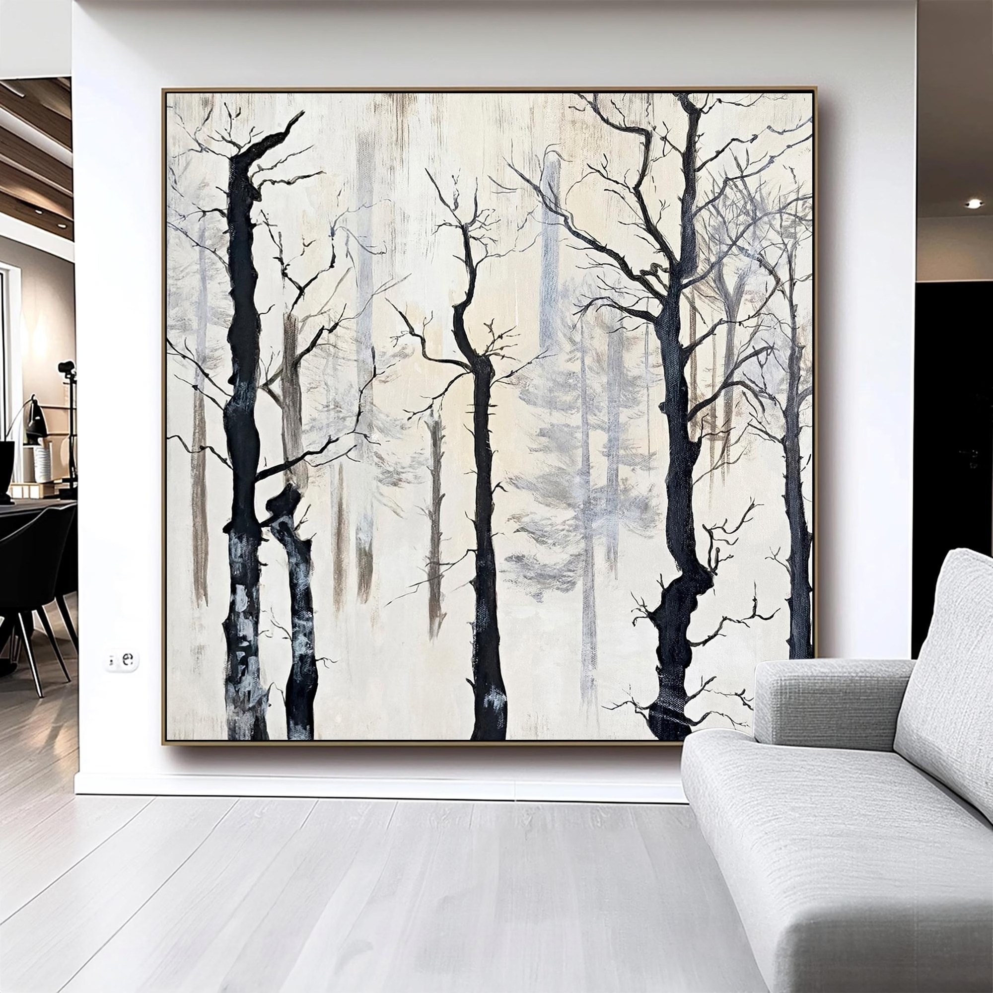 Whispers of Winter–Minimalist Forest Oil Painting